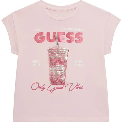 GUESS Тениска в розово "Only Good Vibes" за мини момиче с бродиран надпис и пайети Guess
