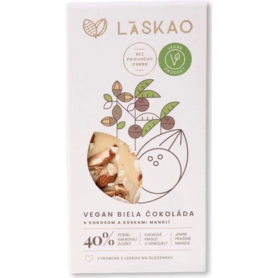 LASKAO VEGAN Biela čokoláda s kokosom a kúskami mandlí bez cukru sladená xylitolom 75 g