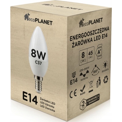 ecoPLANET LED žiarovka E14 sviečka 8W 700lm studená biela