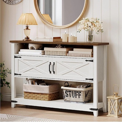 Hoobro Конзолна маса с две врати кънтри стил, бяла