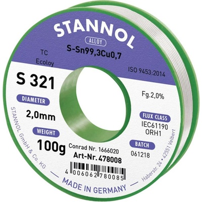 Stannol S321 2,0% 2,0MM SN99,3CU0,7 CD 100G bezolovnatý pájecí cín bez olova, cívka Sn99,3Cu0,7 ORH1 100 g 2 mm