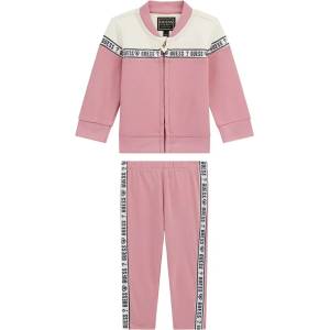 Guess Спортен комплект за бебе момиче в розово и бяло с надписи Guess