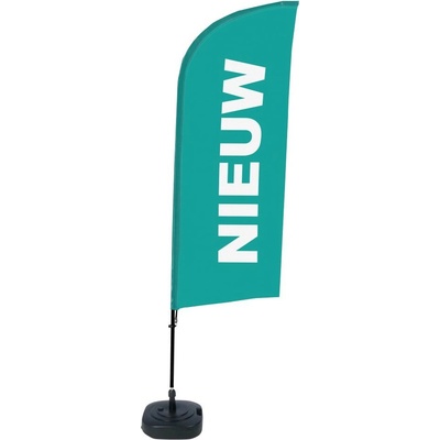 Jansen Display Kompletní sada reklamní vlajky ve tvaru křídla, Novinka, tyrkysová, holandsky, 1105 x 3300 mm