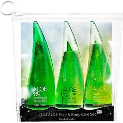 Holika aloe gel pro intenzivní hydrataci a osvěžení pleti s aloe vera 55 ml + čisticí pěna s aloe vera 55 ml + sprchový gel s aloe vera 55 ml dárková sada