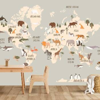 Decono Детски Фототапет Сива Карта на Света с Животни