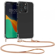 Pouzdro kwmobile Pevné silikonové Crossbody Apple iPhone 14 Pro Max čiré s kovovým popruhem přes rameno nebo na krk - Rose Gold