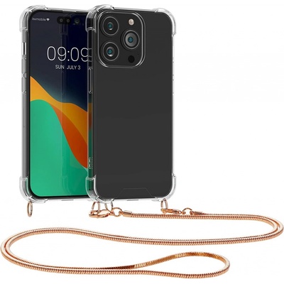 Pouzdro kwmobile Pevné silikonové Crossbody Apple iPhone 14 Pro Max čiré s kovovým popruhem přes rameno nebo na krk - Rose Gold