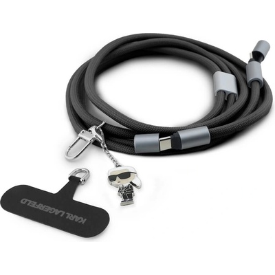 Karl Lagerfeld Универсална връзка за носене през врата за смартфони, с вграден USB-C към USB-C кабел - Karl Lagerfeld Ikonik Charm Crossbody Strap With USB-C Cable (черен) (150 см) (KLCCUCNMSCKIK)