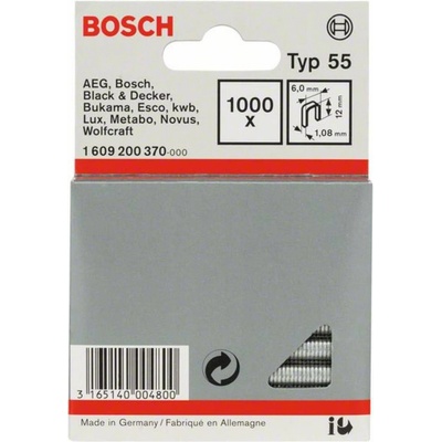 Narrow crown staple, type 55 6 x 1,08 x 12 mm 1000 ks Bosch Accessories 1609200370 Rozmery (d x š) 12 mm x 6 mm; 1609200370