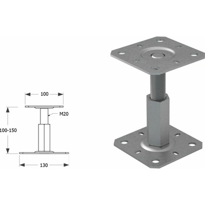 Domax zaskrutkovacia pätka stĺpika nastaviteľná závitová PR 100/130 - 100 x 130 x 100 - 150 x 3 mm 4 ks
