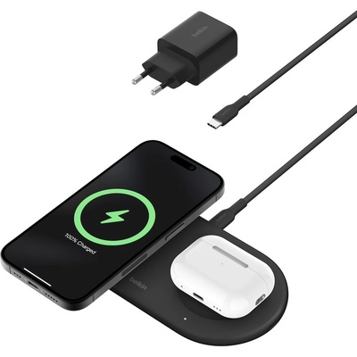 Belkin BoostCharge Pro 2-in-1 Qi2 Magnetic Wireless Charging Pad 15W - двойна поставка (пад) за безжично зареждане за iPhone с Magsafe и AirPods (черен)