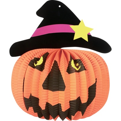 Lampion kulatý 26 cm Dýně s kloboukem Halloween