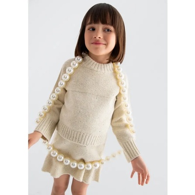 Abel & Lula Комплект за мини момиче пуловер и пола плетиво в бежов цвят с пайети Abel&Lula