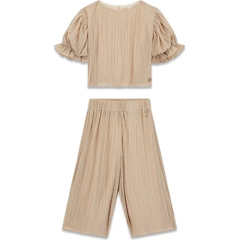 Guess Стилен комплект свободен панталон и тениска в бежов цвят с глитери за мини момиче Guess