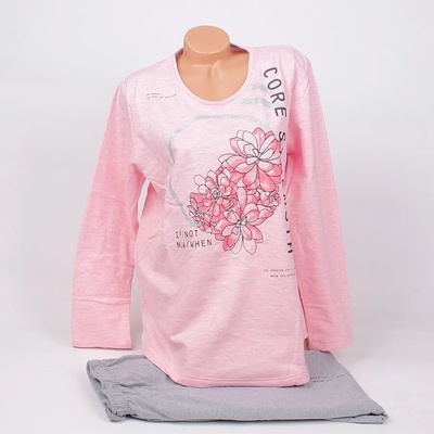 Ватирана макси пижама в розово и сиво с цветя