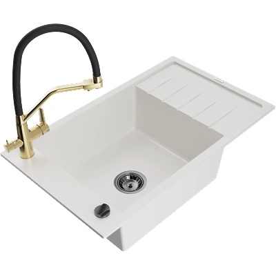 Mexen Elias гранитна кухненска мивка с 1 корито, отцедник и кухненски смесител Duo, бял - 6511-20-671701-57-B (6511-20-671701-57-B)