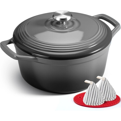 Overmont roasting pan enamel cast iron pot - casserole dish 26cm oven-safe - with lid and cookbook - for kitchen baking stewing roasting gray - Enamelled
