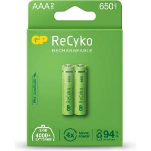 GP Batteries Акумулаторна Батерия GP R03 AAA 650mAh NiMH 65AAAHCE-EB2, 2 бр. в опаковка (GP-BR-65AAAHCE-EB2) - topmall