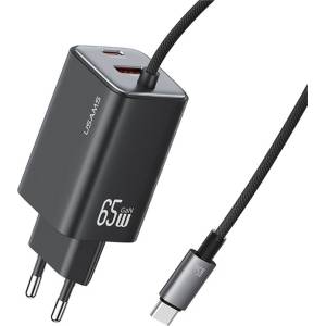 USAMS CC266 65 W GaN Зарядно с 3 Порта и Вграден USB-C Кабел - EU