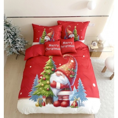 TiaHome 3 dielne Vianočné flanel obliečky 3D polycotton Červený Trpaslík 200x140 90x70