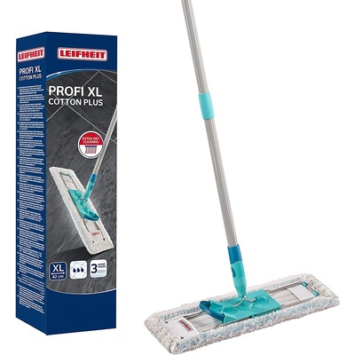 Leifheit back-friendly floor mop Profi XL Cotton Plus, steel handle 146cm, mop with foot click, for tiled and stone floors, 360° swivel joint, click system, environmentally friendly cardboard - 55456