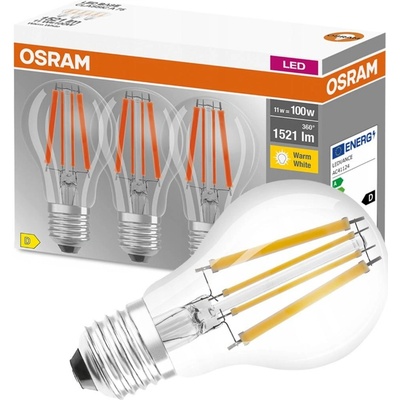 Osram 3PAK LED žárovka LED E27 A60 CL 11W = 100W 1521lm 2700K Teplá bílá 300° Filament BASE OSRLEDW3120