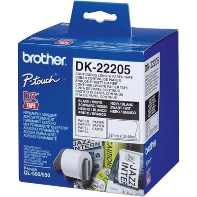 Samolepicí role pro tiskárny Brother QL, DK-22205 - 62 mm x 30,48 m, černý tisk, bílá