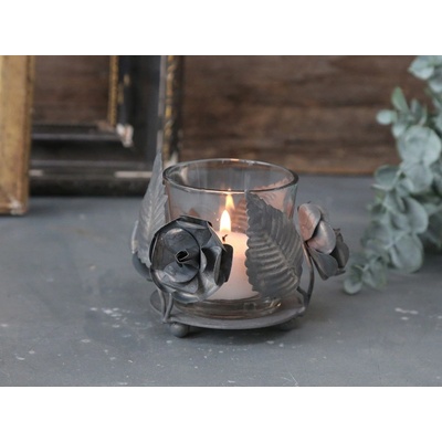 Zinkový antik kovový svícen na čajovou svíčku s květy Flow - Ø 9*7 cm - Chic Antique