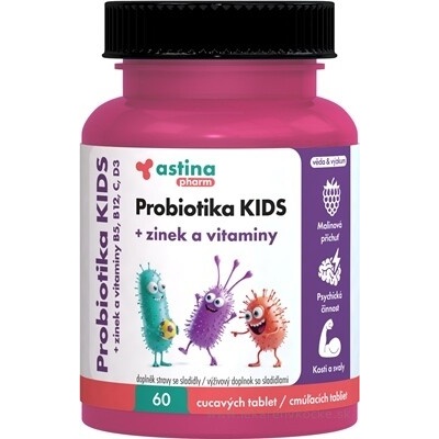 Astina Pharm Probiotika KIDS cucavé tablety malina se zinkem a vitamíny 60 ks