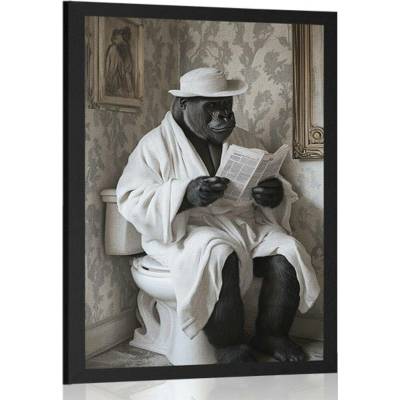 Plakát gorila s novinami na záchodě - 60x90 black