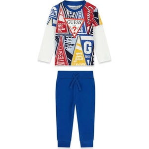 Guess Комплект за мини момче многоцветна блуза с бели ръкави, червено лого Guess и син спортен панталон