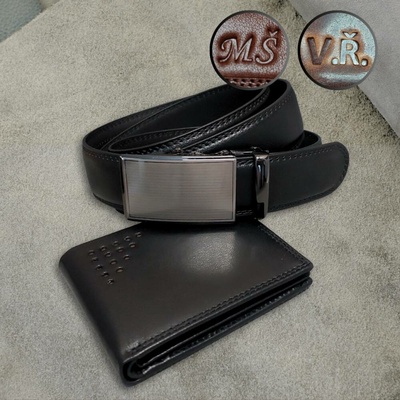 Personalizovaný pánský kožený set kožená peněženka na šířku a opasek z kvalitní kůže s vlastním monogramem. a klíčenka ZDARMA