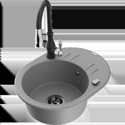 Kevin гранитна кухненска мивка с една камера с отцедник и кухненски смесител Savita, сив - 6517-71-672601-70-B (6517-71-672601-70-B)