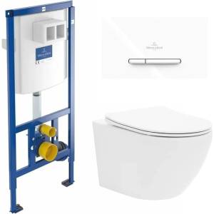 Rune Казанче за WC с вграждаща рамка Villeroy&Boch 112 см и бутон ViConnect 300S, бяло, плюс бяла тоалетна чиния Rune Ivaldi с капак softclose (92242700+92218068+5940541330400)