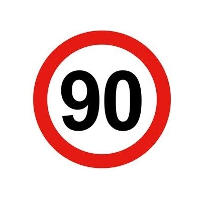 Nejvyšší omezená/konstrukční rychlost vozidla 90 km, bezpečnostní tabulka, samolepka - kruh 20 cm