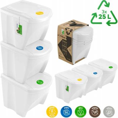 Prosperplast Koš na tříděný odpad šedý, 3 komory, 75 l s víkem