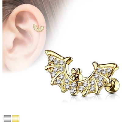 Šperky eshop piercing do tragu z oceli netopýr s třpytivými křídly a bříškem U05.15 Stříbrná