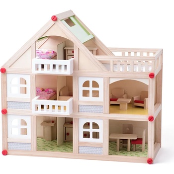 Image 1 of Woodyland Двуетажна дървена къща с балкони, с аксесоари и кукли - Woody