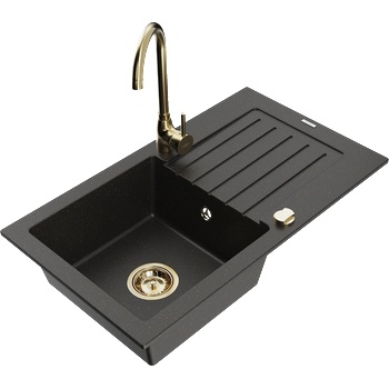 Mexen Pablo гранитна мивка с 1 отделение с отцедник и кухненски смесител Telma, черен/златен - 6510-75-670200-50 (6510-75-670200-50)