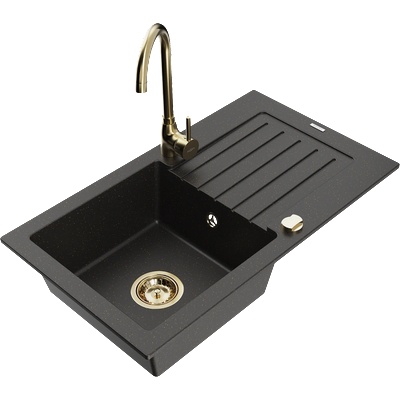 Mexen Pablo гранитна мивка с 1 отделение с отцедник и кухненски смесител Telma, черен/златен - 6510-75-670200-50 (6510-75-670200-50)