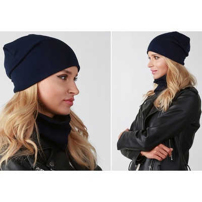 Fashionweek zimní set čepice a šála pletený tunel na fleece ZIZI-B3 tmave modry