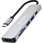 Techsuit - Докинг станция TurboChargeX 6 в 1 (H5) - Type-C към 2x USB, Type-C, HDMI, TF/SD карта, PD87W, 4K@30Hz - Сив