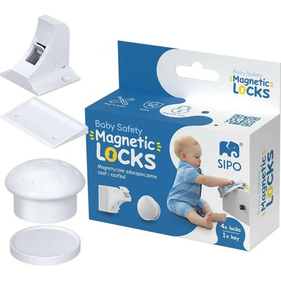SIPO Magnetické zámky biele na skrine a zásuvky sada 4 ks + 1x magnetický kľúč