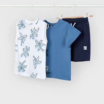 Mayoral Комплект трико синя тениска, бял потник с палми и къси панталони в синьо за мини момче Майорал