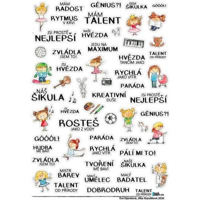 Písmena čísla samolepky s texty HuráPapír Samolepky průhledné A4 Talent od přírody holka
