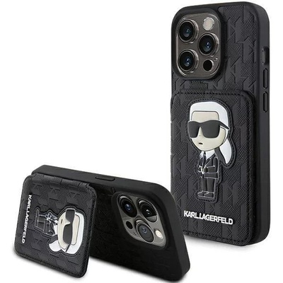 KARL LAGERFELD KLHCP15LSAKKNSCK iPhone 15 Pro 6, 1" черен твърд калъф Saffiano с отделения за карти и поставка Monogram Ikonik Patch (KLHCP15LSAKKNSCK)