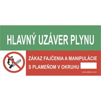 Výstražná tabuľka Hlavný uzáver plynu Zákaz fajčenia 75 x 150 mm