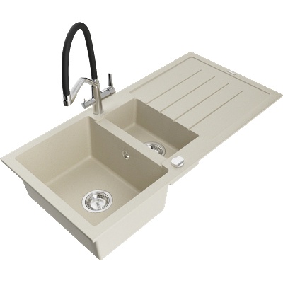 Mexen Andres гранитна мивка с 1, 5 камери с отцедник и кухненски кран Duo, бежов - 6515-69-671701-07 (6515-69-671701-07)