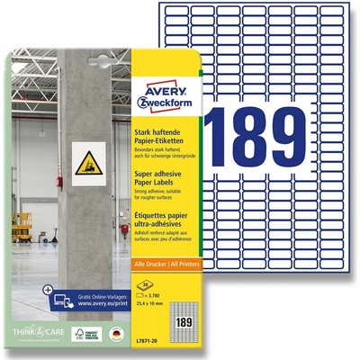 Avery Zweckform L7871-20 etikety s vysokou lepivostí 25,4 x 10 mm 3780 etiket bílé