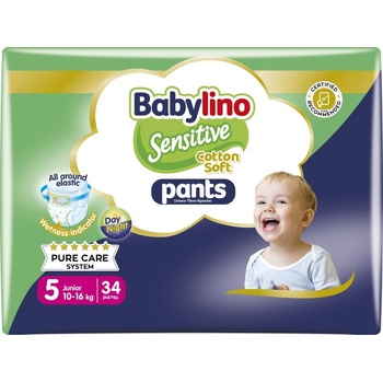 Babylino Пелени гащи Babylino - Sensitive, Cotton Soft, VP, размер 5, 10-16 kg, 34 броя